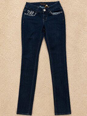 Pasion Y2K Dark Wash Skinny Jeans Rhinestone Pocket Detail Size 1 NWOT